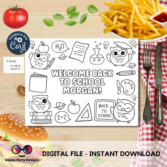 Editable first  day of school coloring page | Placemat coloring page | Any Age | Owls | welcome back to school placemat