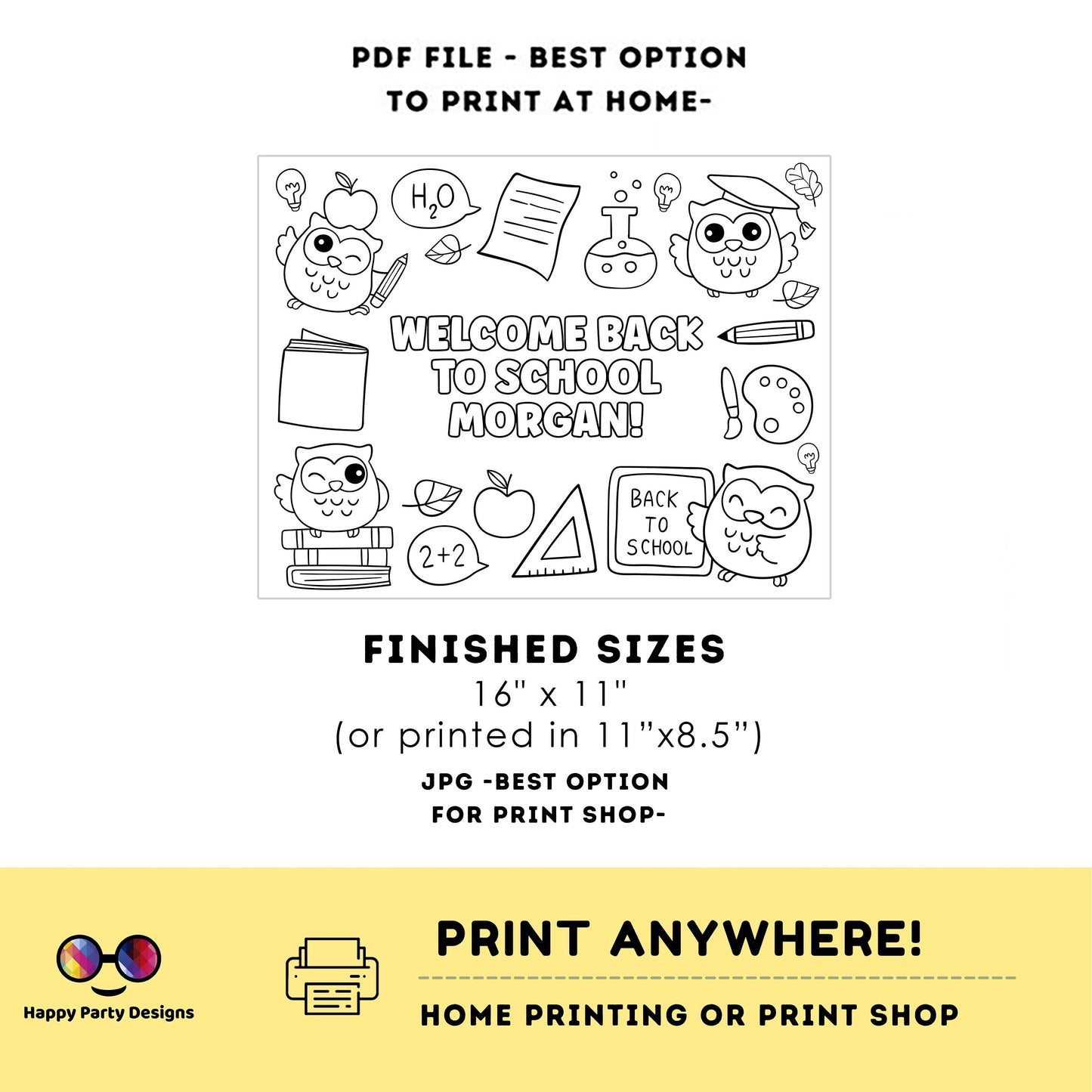 Editable first  day of school coloring page | Placemat coloring page | Any Age | Owls | welcome back to school placemat