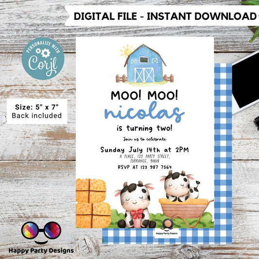 Moo Moo Editable Farm Birthday Invitation boy |  Farm Animals Barnyard | cow Party Download Printable Invitation Template | cowboy #K147
