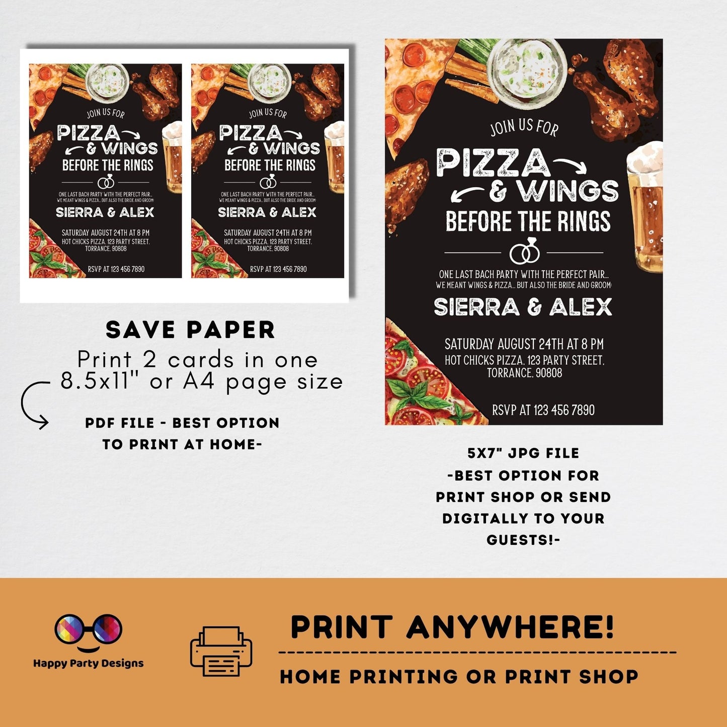Pizza and wings before the ring Invitation | Pizza Rehearsal Dinner Invitation | Co-ed party | Pizza Couples Shower Invitation | beer #W4