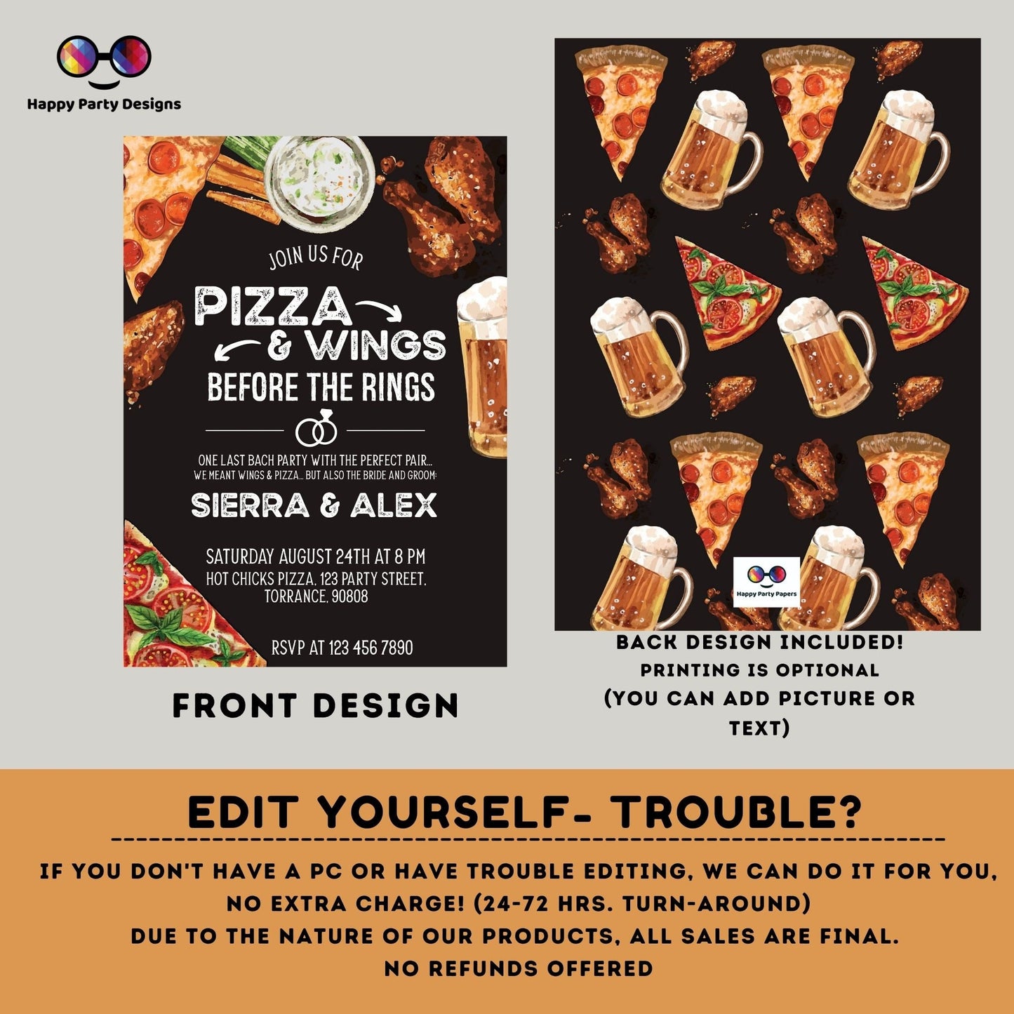 Pizza and wings before the ring Invitation | Pizza Rehearsal Dinner Invitation | Co-ed party | Pizza Couples Shower Invitation | beer #W4