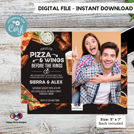 Pizza and wings before the ring Invitation with picture | Pizza Rehearsal Dinner Invitation | Co-ed party | Pizza Couples Shower | beer #W4