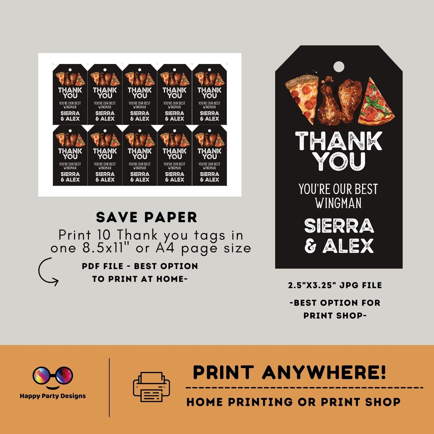 Pizza and wings Favor Tag Template | bridal |  baby shower | bachelorette | Thank you tag | Gift Tag | Template | Pizza party | wings #W4
