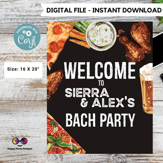 Editable Welcome Sign | Pizza and chicken wings Bridal Shower Welcome Sign Template | Printable Pizza Bridal Shower |  pizza party #W4