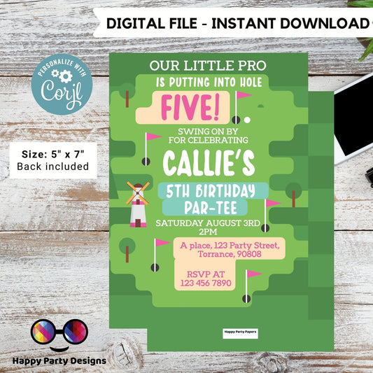 Editable Mini Golf Party Invite | girl Golf Invitation | Printable Golf Birthday Party Invitation | Printable Invite Mini Golf #K180