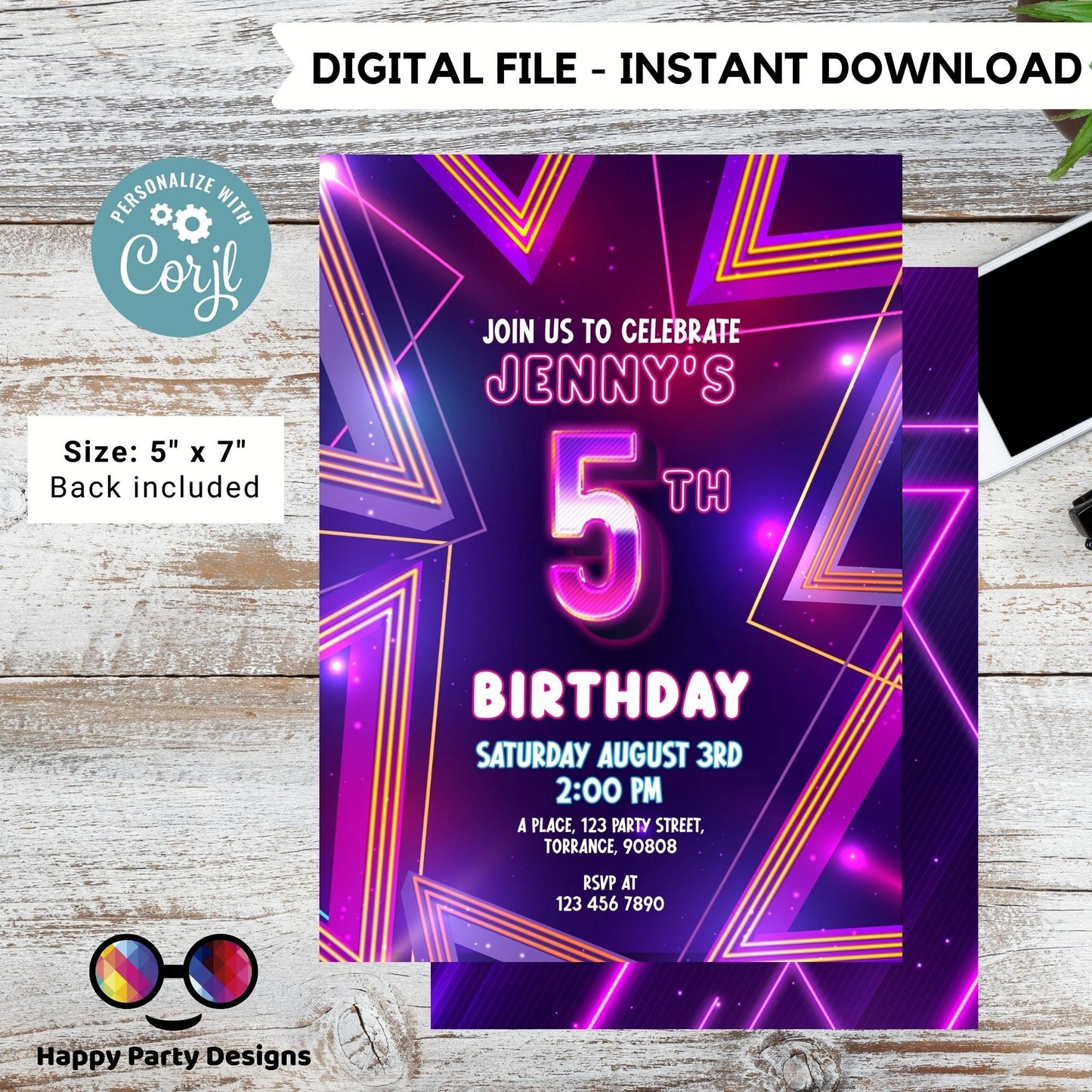 EDITABLE girl 5th birthday invitation | Neon Glow in the dark Party | Birthday girl | 5th pink and purple Birthday #K186