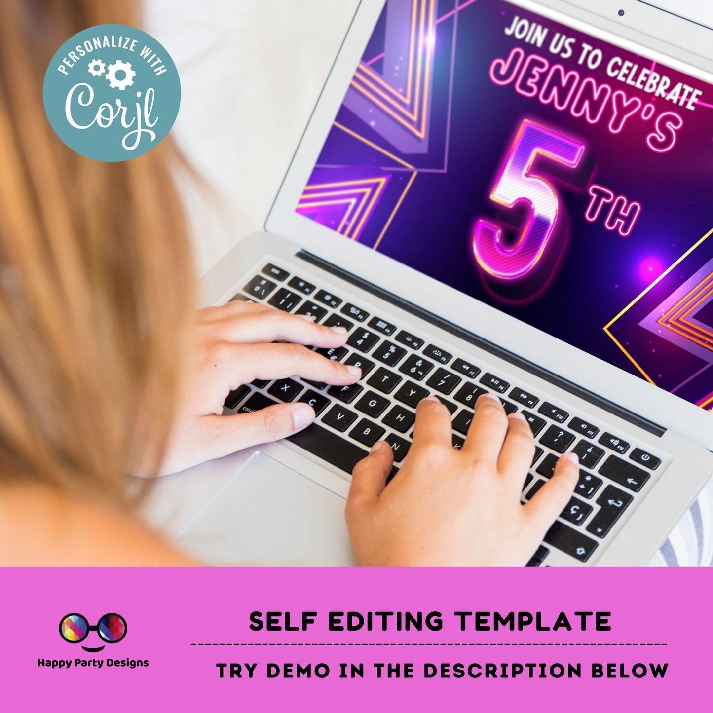EDITABLE girl 5th birthday invitation | Neon Glow in the dark Party | Birthday girl | 5th pink and purple Birthday #K186