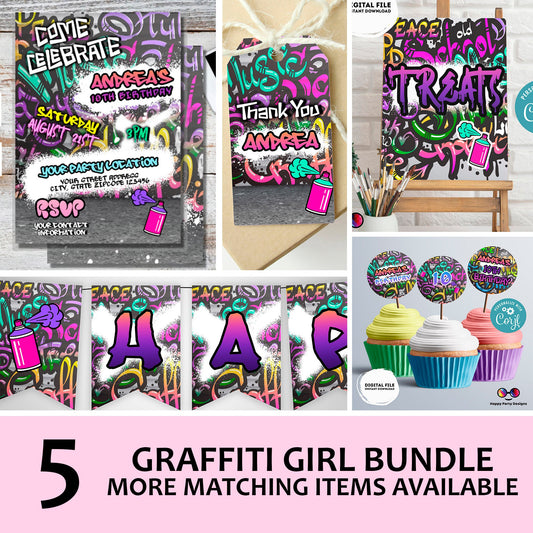 EDITABLE graffiti invitation bundle | birthday banner, cupcake toppers, thank you tag, sign | girl birthday | 90's party | teens party #K2