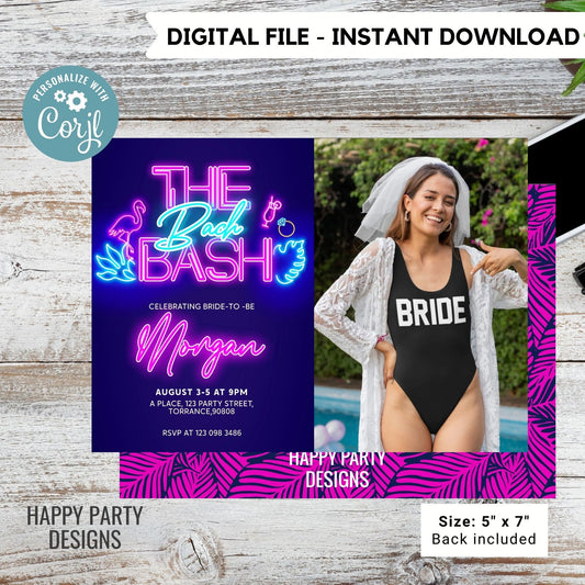 Editable Tropical Neon Bachelorette Party Invitation with picture | Bridal Party Invitation| Bachelorette | Tropical neon Palm leaves #W5
