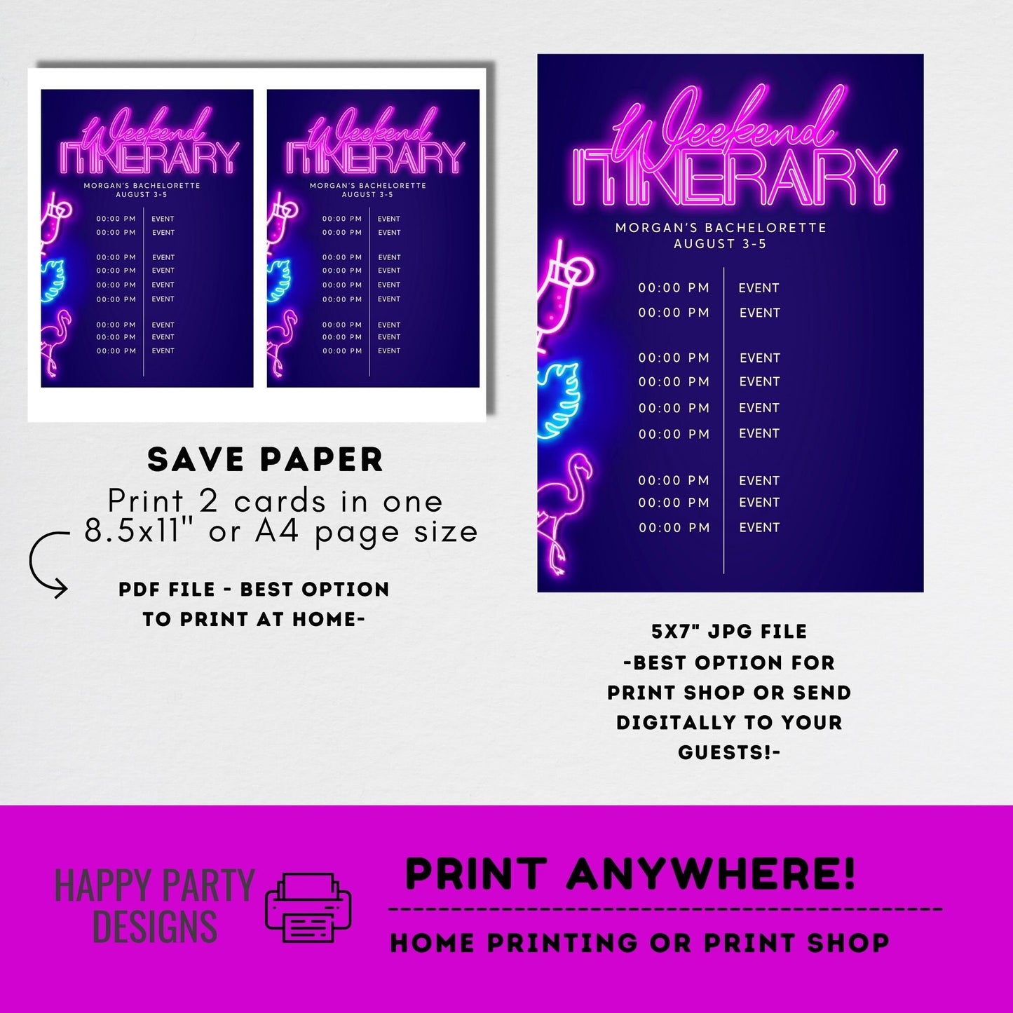 Editable Tropical Neon Bachelorette Party Itinerary | Bridal Party Template itinerary | Bachelorette  | Tropical neon Palm leaves #W5