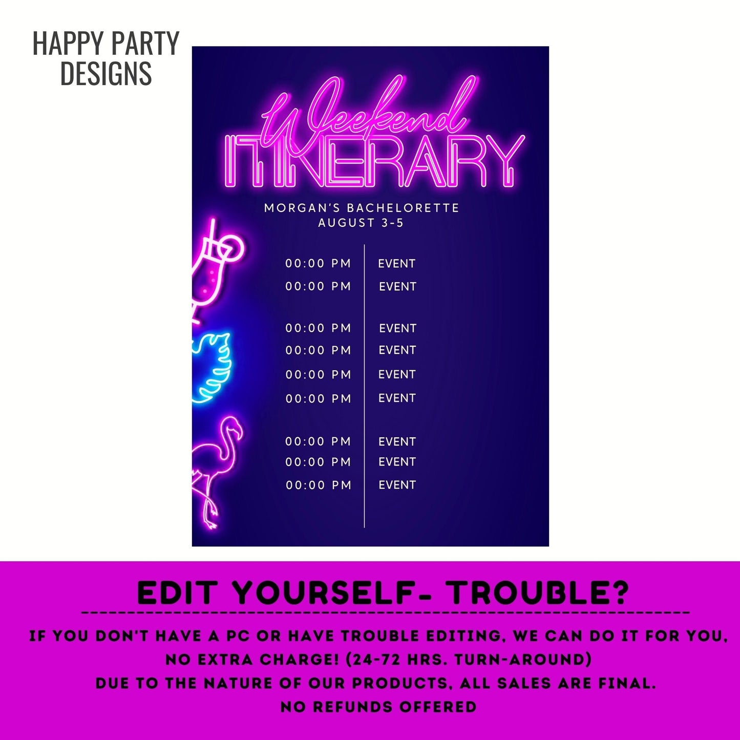 Editable Tropical Neon Bachelorette Party Itinerary | Bridal Party Template itinerary | Bachelorette  | Tropical neon Palm leaves #W5