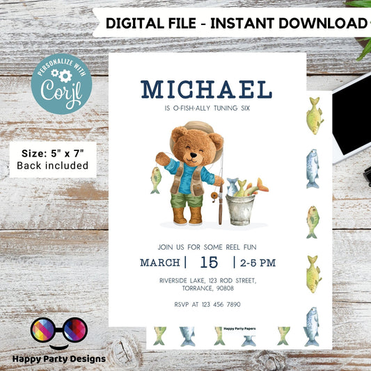 Fishing Birthday Invitation Template | Teddy bear |  O-fish-ally Birthday Invitation | Fishing Party Party | Boy Birthday Gone Fishing #K152
