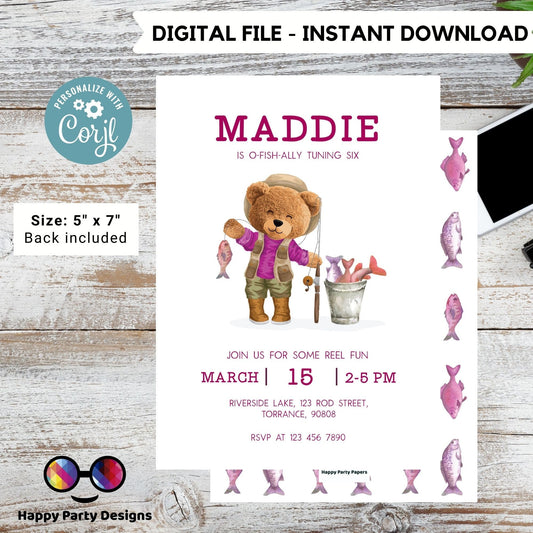 Fishing Birthday Invitation Template | Teddy bear | O-fish-ally Birthday Invitation | Fishing Party Party | girl Birthday Gone Fishing #K152