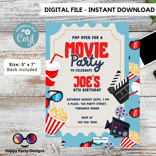 Editable Movie party invitation |  Movie party printable invite | Birthday boy | movie night birthday invitation instant download | #K190
