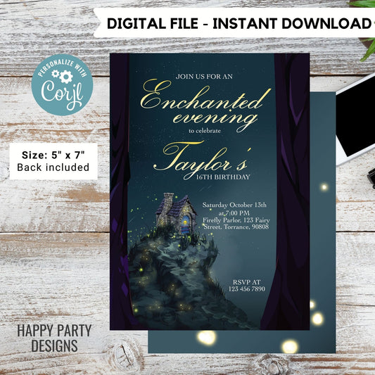 Enchanted Party Invitations | Gold Glitter invitations | Magical Birthday | Enchanted Forest | girl birthday | sweet sixteen | any age #K153