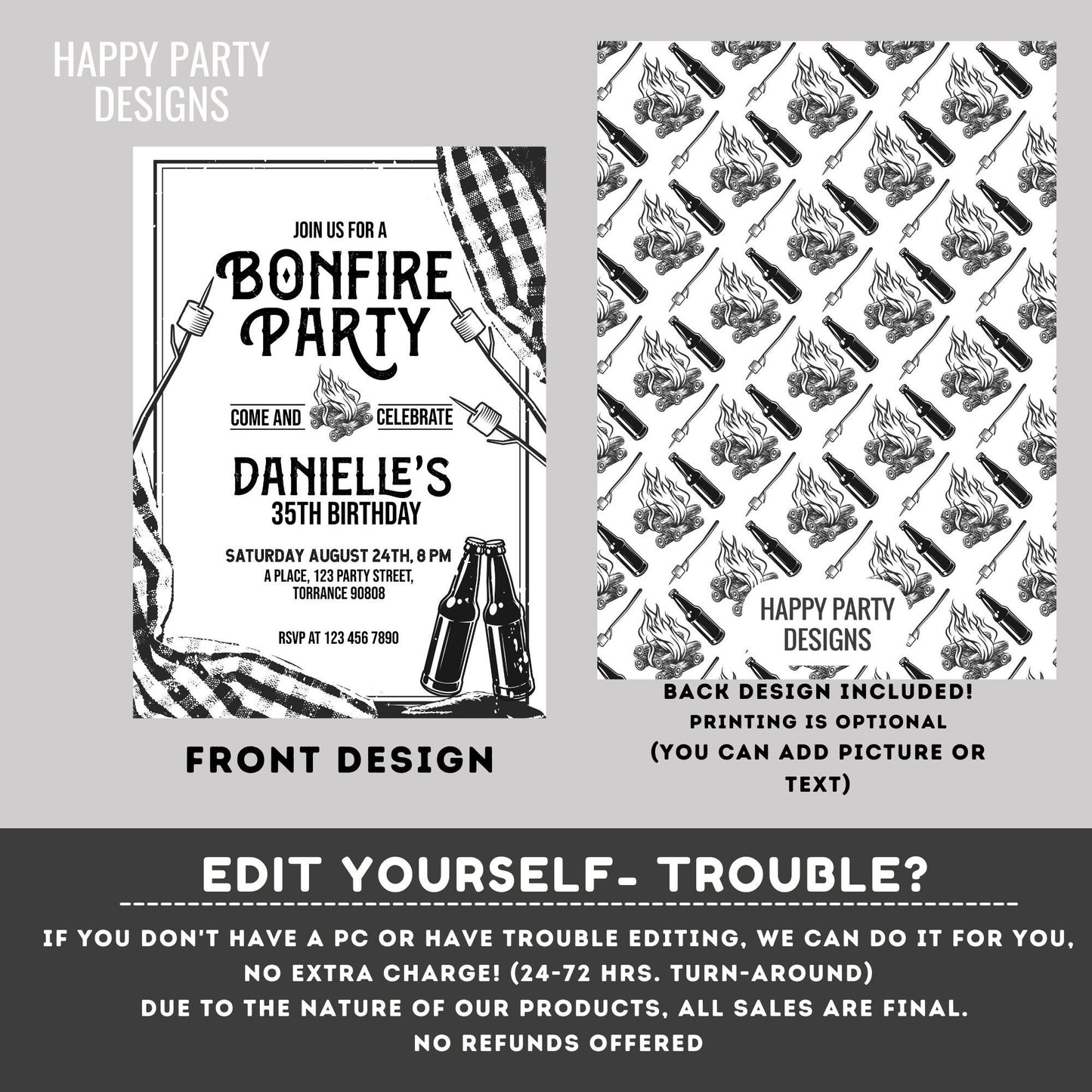 Editable Bonfire party invitation | Digital Bonfire Birthday invite| Millennials invitation | Camping birthday invitation Any Age #K193