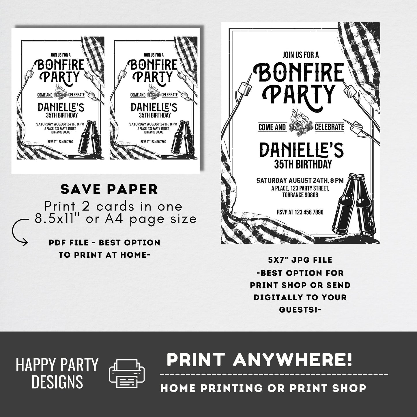 Editable Bonfire party invitation | Digital Bonfire Birthday invite| Millennials invitation | Camping birthday invitation Any Age #K193