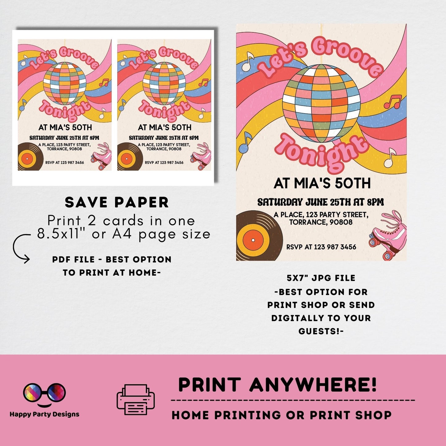 Disco Birthday Invitation for woman | 50th Birthday Party Invitation Template | Disco Dance 70s Theme Party | 60th 80th 75th Disco Ball #A11