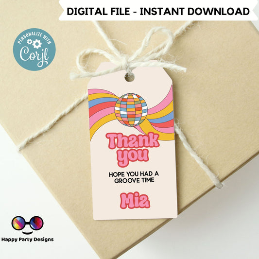 Editable Disco Party Favor Tag Template | bridal | baby shower | bachelorette | Thank you tag | Gift Tag | Retro Groovy Tag | 70s Disco #A11