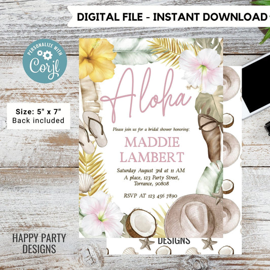Editable Aloha Bridal or baby Shower Invitation | Tropical Bridal Shower | Hawaiian Bridal Shower | Wedding Shower | Birthday Brunch #W11
