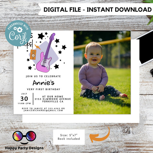 One Rocks Baby 1st Birthday Invitation with picture | First Birthday Invite | purple Rock One Year Birthday Invitation | girl birthday #K155