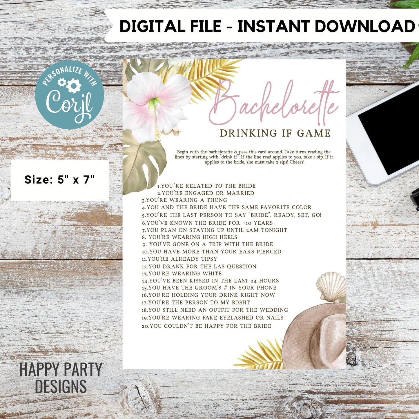 Editable Aloha bach party game | Bachelorette Drink If Game Template | Let’s Have a Drink or Two Bachelorette game #W11