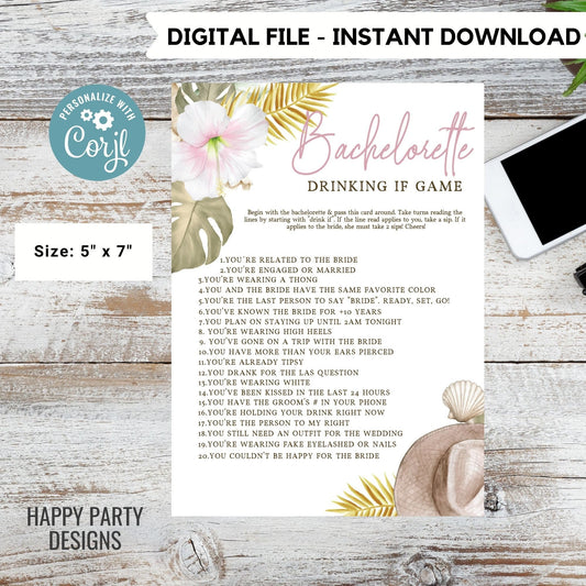 Editable Aloha bach party game | Bachelorette Drink If Game Template | Let’s Have a Drink or Two Bachelorette game #W11