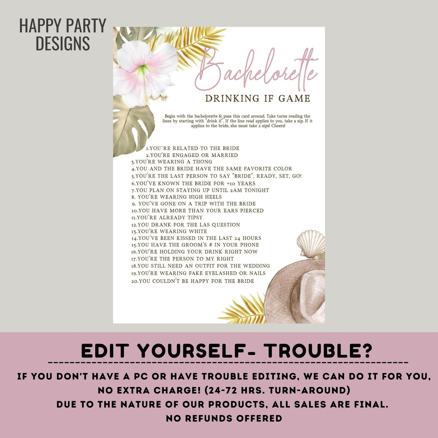 Editable Aloha bach party game | Bachelorette Drink If Game Template | Let’s Have a Drink or Two Bachelorette game #W11