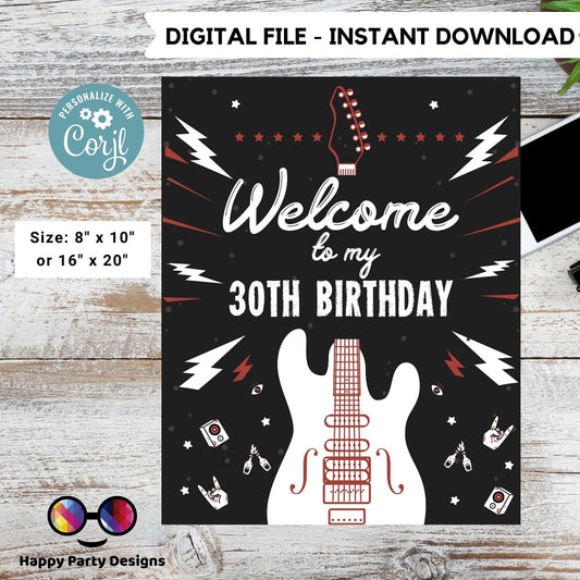 Rock n roll Birthday Welcome Sign | Lets Rock Birthday Party Welcome Sign | Rock and Roll Party Welcome Sign | printable Welcome Sign #A12