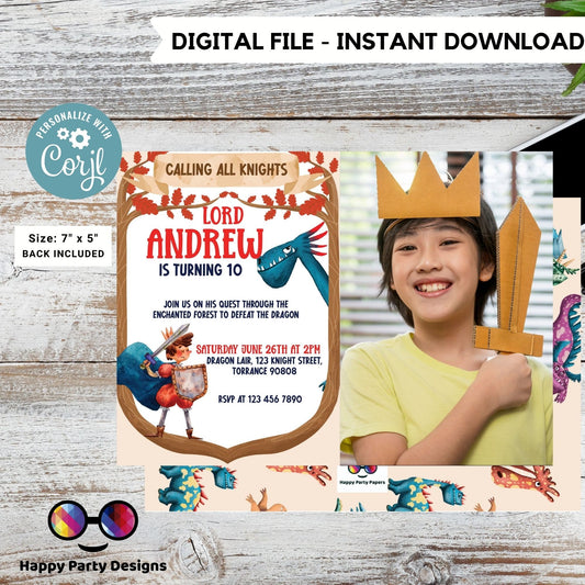 Enchanted Party Invitation with picture | Editable Dragon Birthday Party | Magical Birthday | Dragons And Knights Birthday | any age #K145