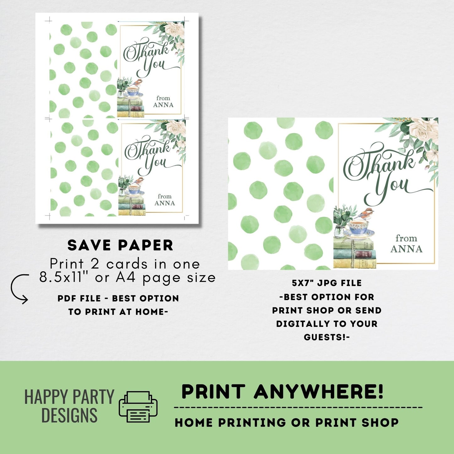 Book Themed Thank You Card Download | Bridal Shower | Baby Shower | Folded Notes Blank Inside | Printable Coffee Thank You Note  #W6