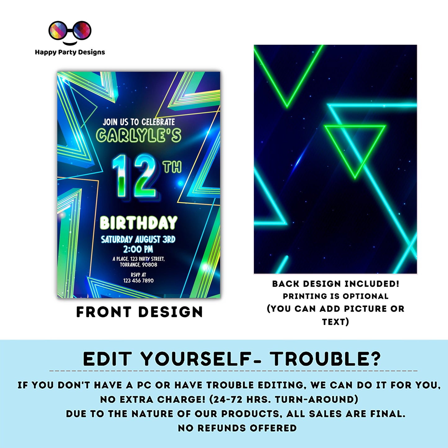 EDITABLE Boy 12th birthday invitation | Neon Glow in the dark Party | Birthday Boy | 12th Neon Green Blue Birthday | glow party #K185