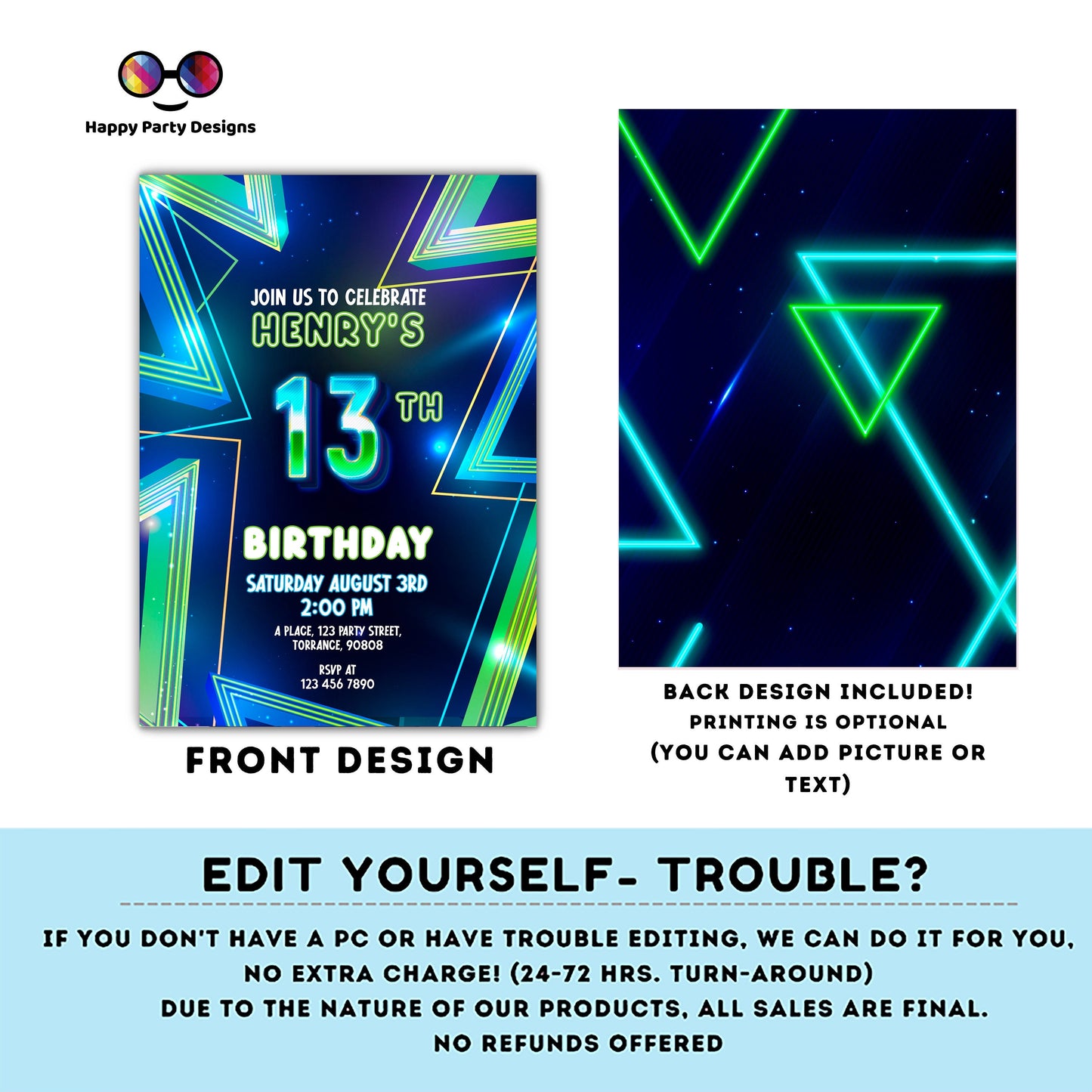 EDITABLE Boy 13th birthday invitation | Neon Glow in the dark Party | Birthday Boy | 13th Neon Green Blue Birthday | glow party #K185