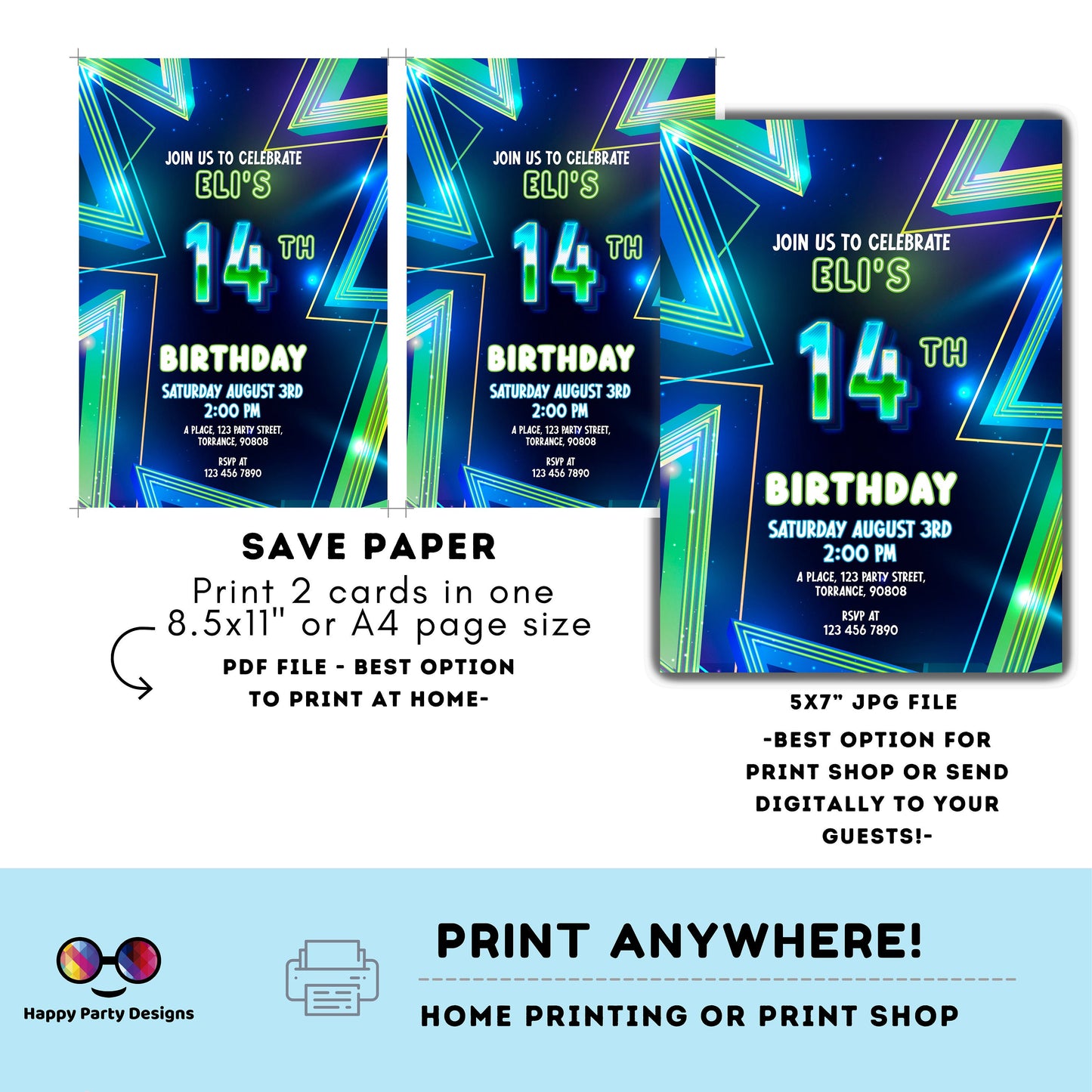 EDITABLE Boy 14th birthday invitation | Neon Glow in the dark Party | Birthday Boy | 14th Neon Green Blue Birthday | glow party #K185