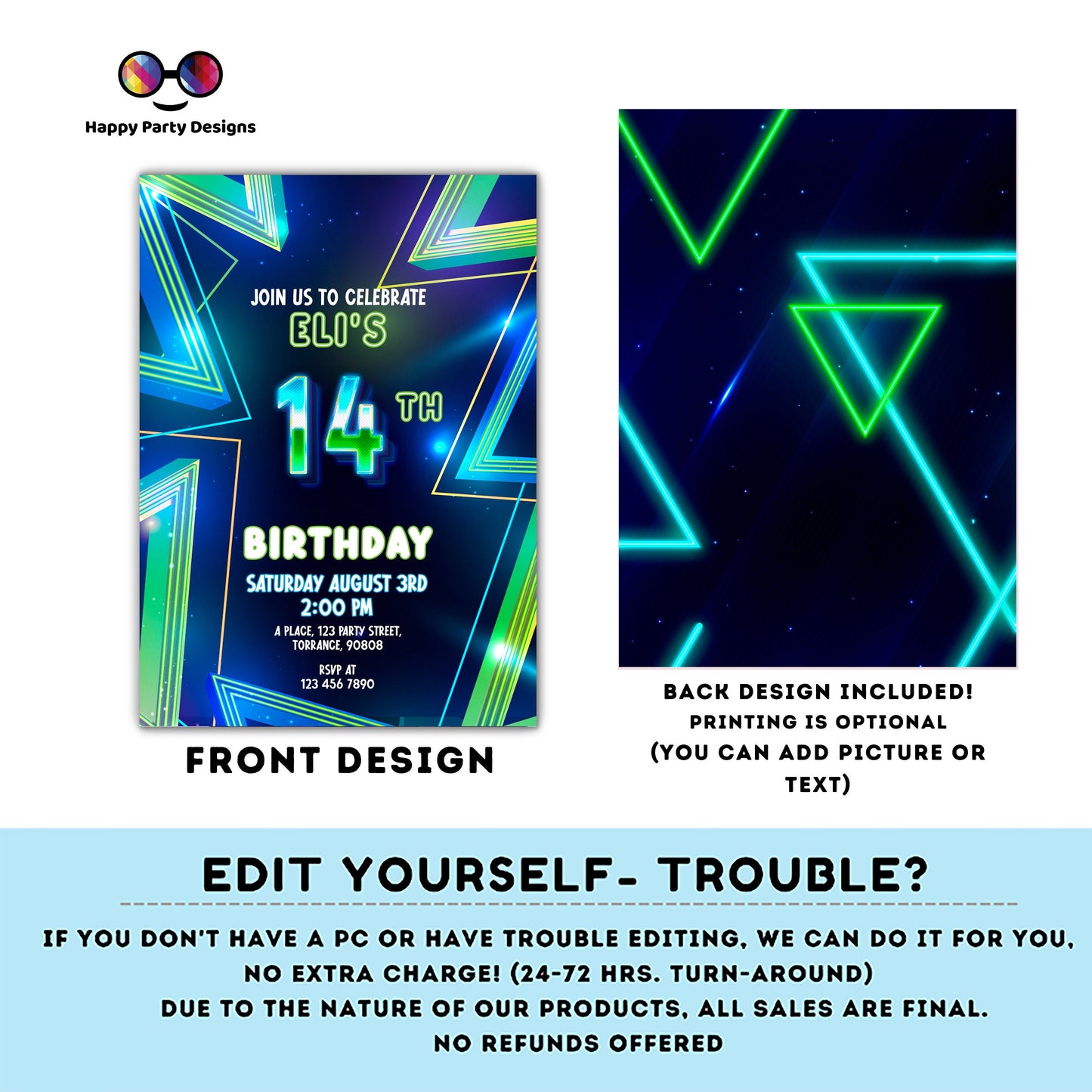 EDITABLE Boy 14th birthday invitation | Neon Glow in the dark Party | Birthday Boy | 14th Neon Green Blue Birthday | glow party #K185