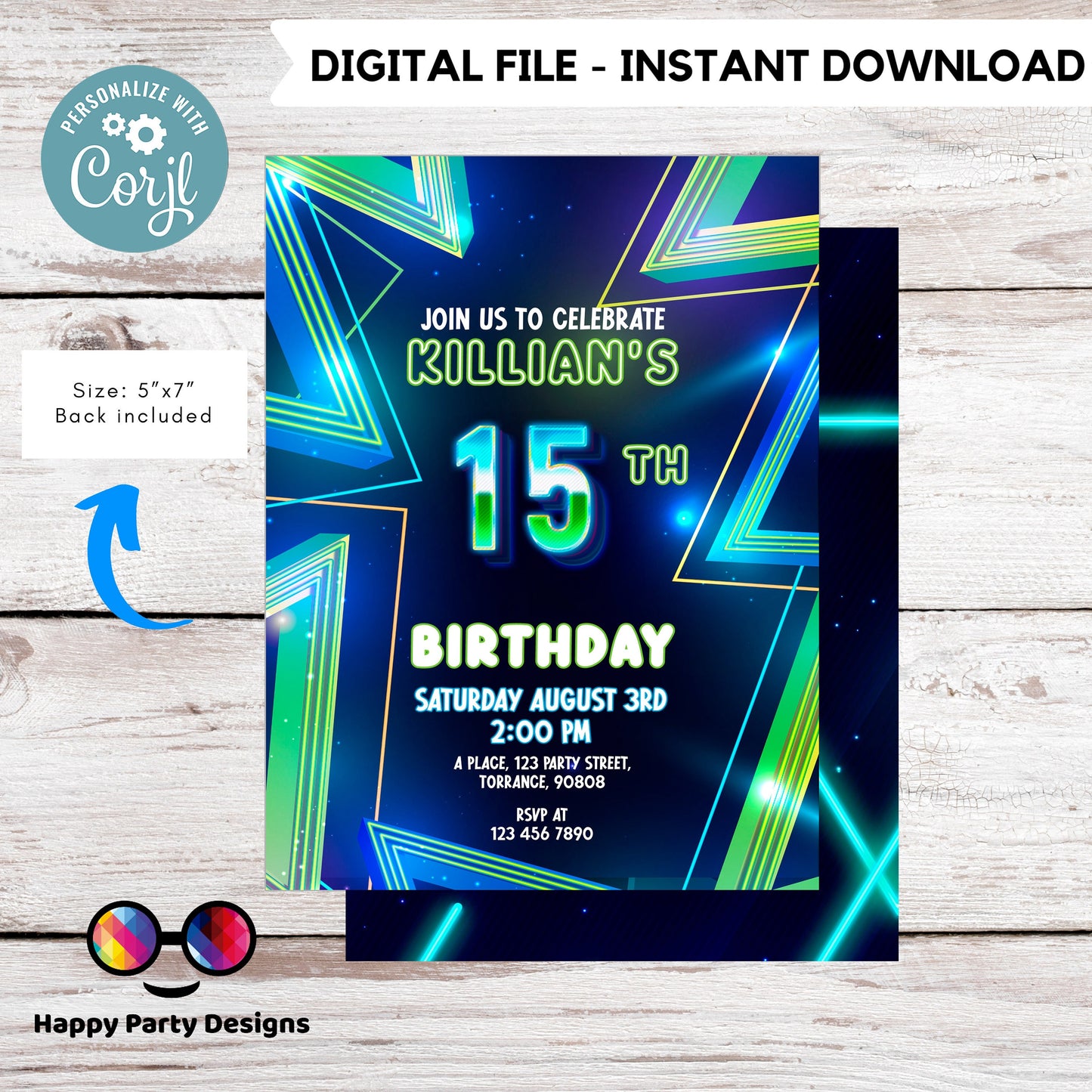 EDITABLE Boy 15th birthday invitation | Neon Glow in the dark Party | Birthday Boy | 15th Neon Green Blue Birthday | glow party #K185