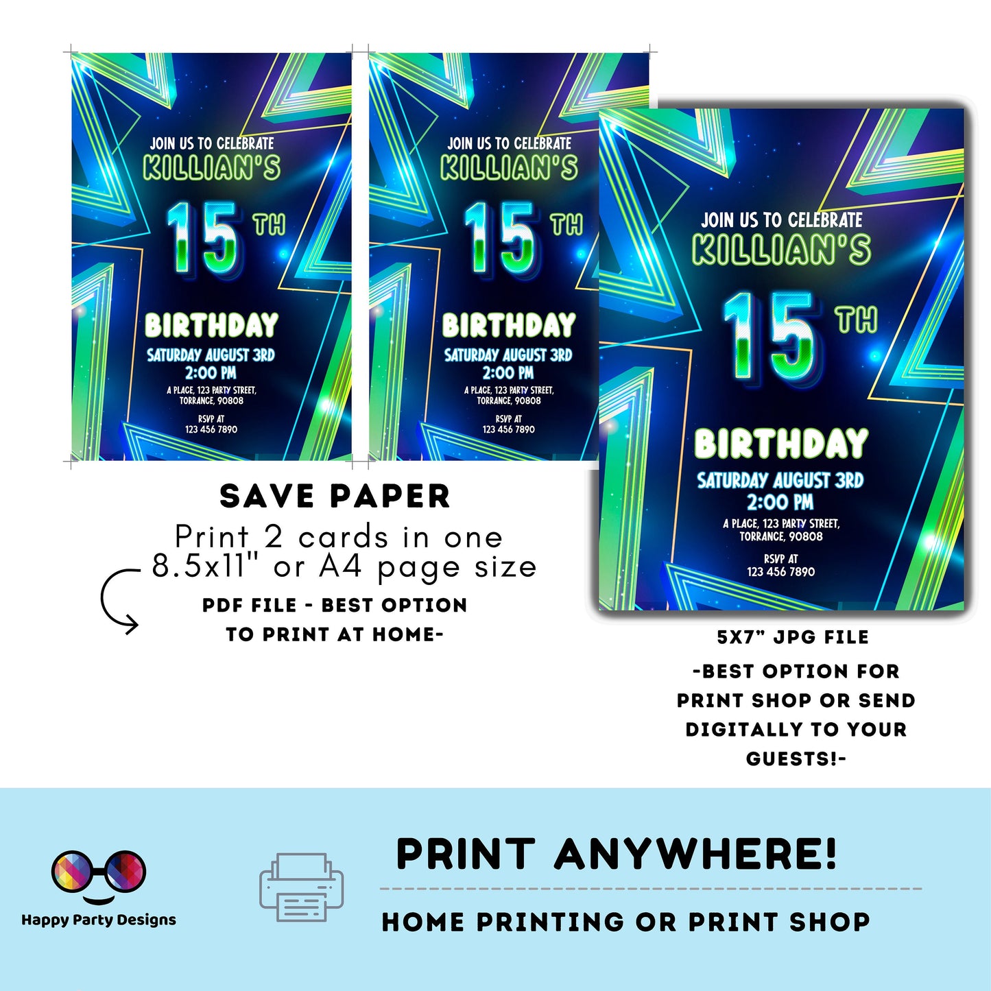 EDITABLE Boy 15th birthday invitation | Neon Glow in the dark Party | Birthday Boy | 15th Neon Green Blue Birthday | glow party #K185