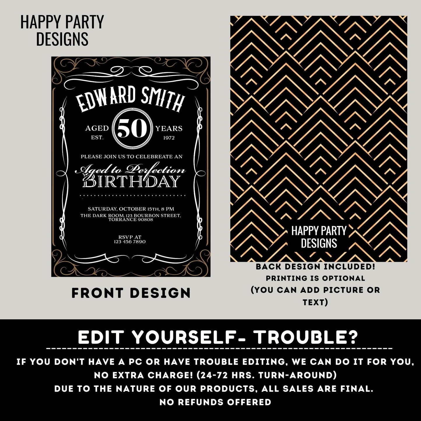 Editable Aged to Perfection Birthday Invitation | 50th Birthday Invitation for men | Whiskey Label Birthday Invitation #A16