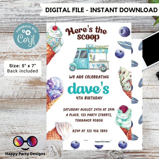 Here's the scoop Editable ice cream Birthday Invitation | boy Invitation | Ice cream Birthday invitations | Sweet Birthday Invitation #K156
