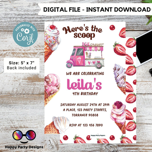 Here's the scoop Editable ice cream Birthday Invitation | girl Invitation | Ice cream Birthday invitations | Sweet Birthday Invitation #K156
