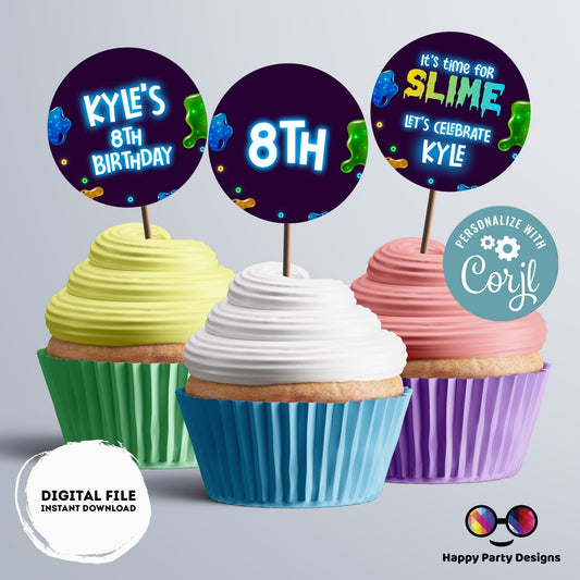 Editable slime Round cupcake toppers | slime birthday | slime Birthday Party | slime themed | Boy Birthday Party | stickers #K125