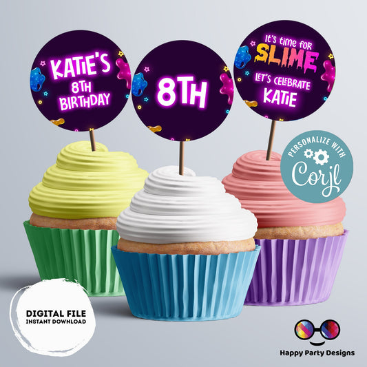 Editable slime Round cupcake toppers | slime birthday | slime Birthday Party | slime themed | Girl Birthday Party | stickers #K125