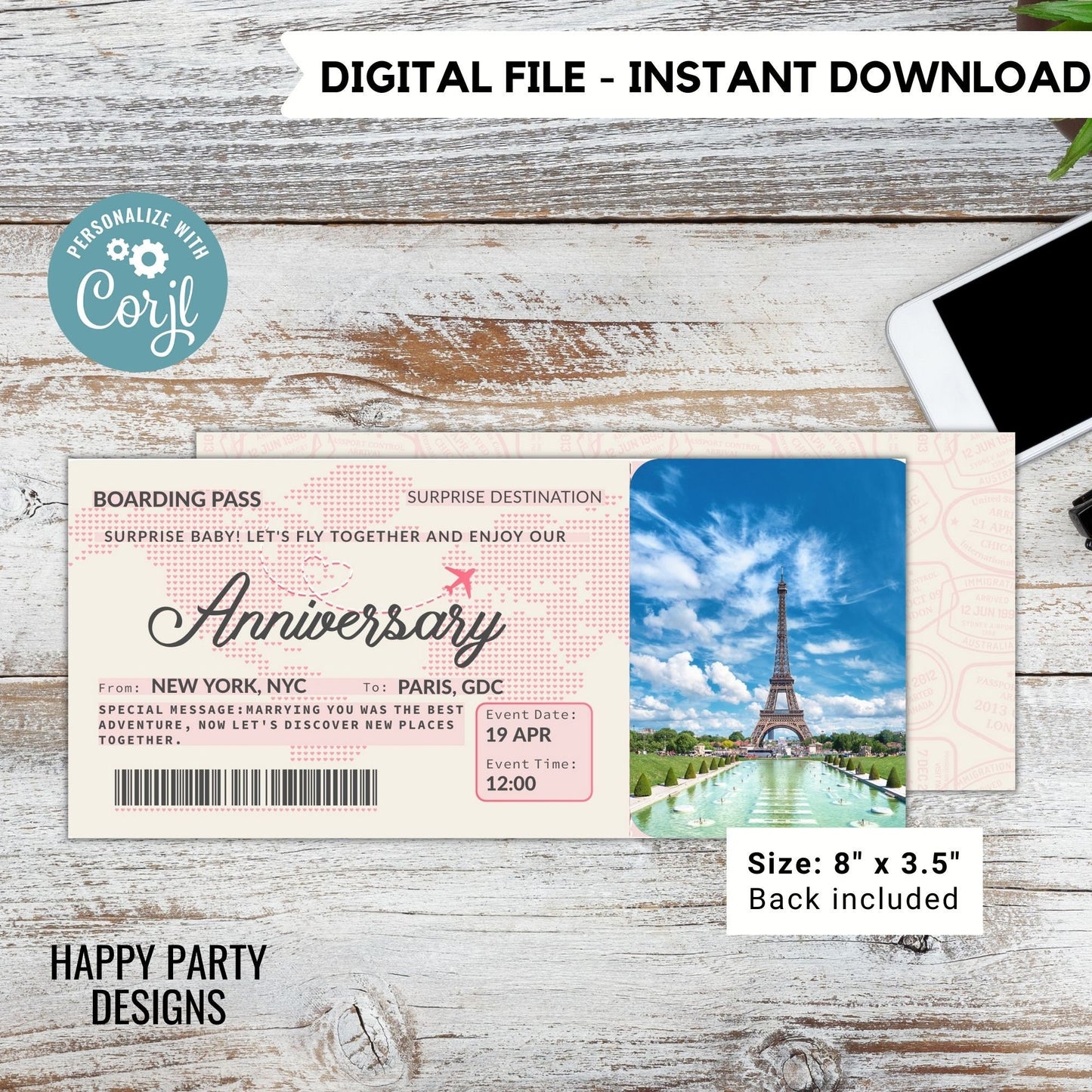 Editable Boarding Ticket Template with photo | Surprise Airline Gift | Vacation | Gift for Her | Couple Gift | Print-at-home  #A19