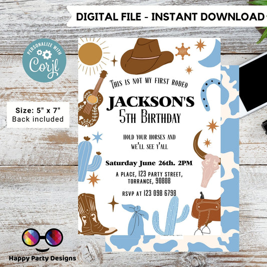 Editable not my first rodeo Cowboy Birthday Party Invitation | Wild West Cowboy 1st Rodeo Birthday | Birthday boy | Ranch Birthday #K136