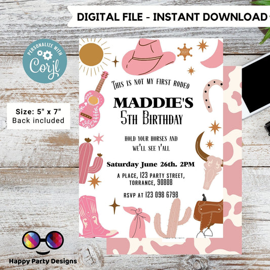 Editable not my first rodeo Cowboy Birthday Party Invitation | Wild West Cowgirl 1st Rodeo Birthday | Birthday girl | Ranch Birthday #K136