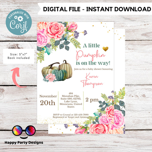 Editable a little pumpkin is on the way invitation | Digital baby shower printable invite | Baby shower | Flower Shower Invitation #B36