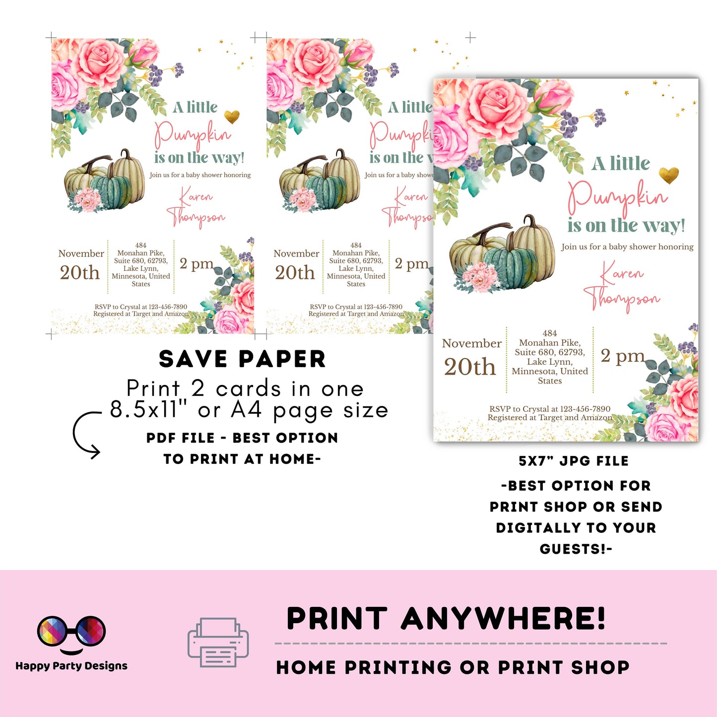 Editable a little pumpkin is on the way invitation | Digital baby shower printable invite | Baby shower | Flower Shower Invitation #B36