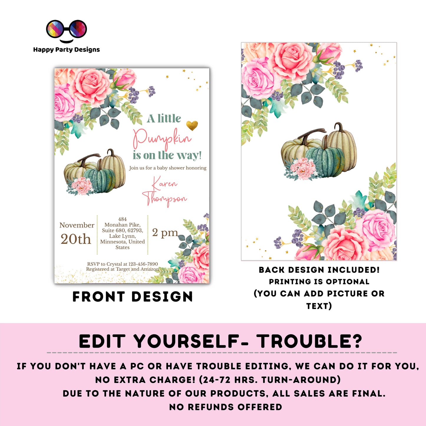 Editable a little pumpkin is on the way invitation | Digital baby shower printable invite | Baby shower | Flower Shower Invitation #B36