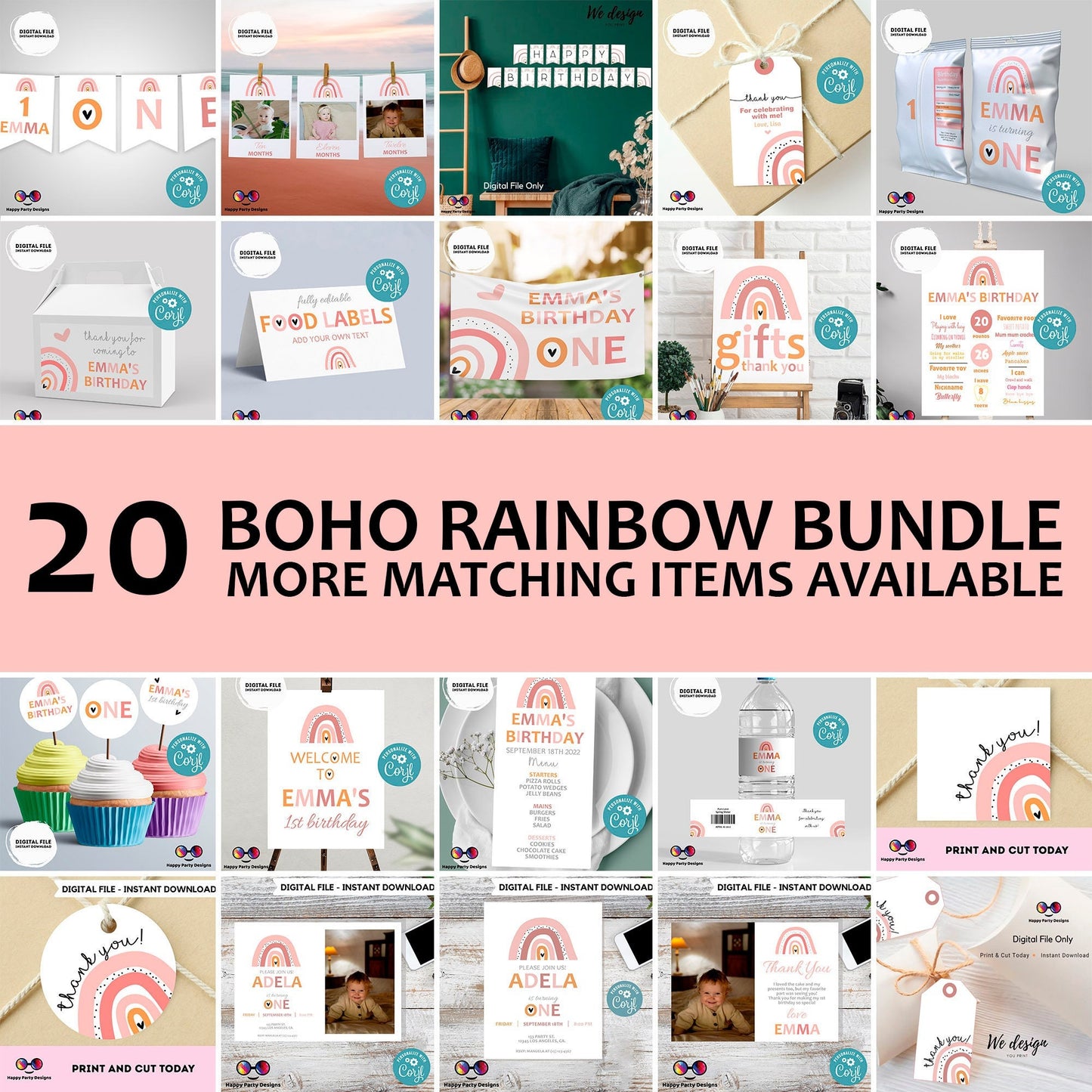 EDITABLE Boho Rainbow invitation bundle | First birthday | Boho Rainbow first Birthday | Boho rainbow Bundle | Boho rainbow party decor #K19