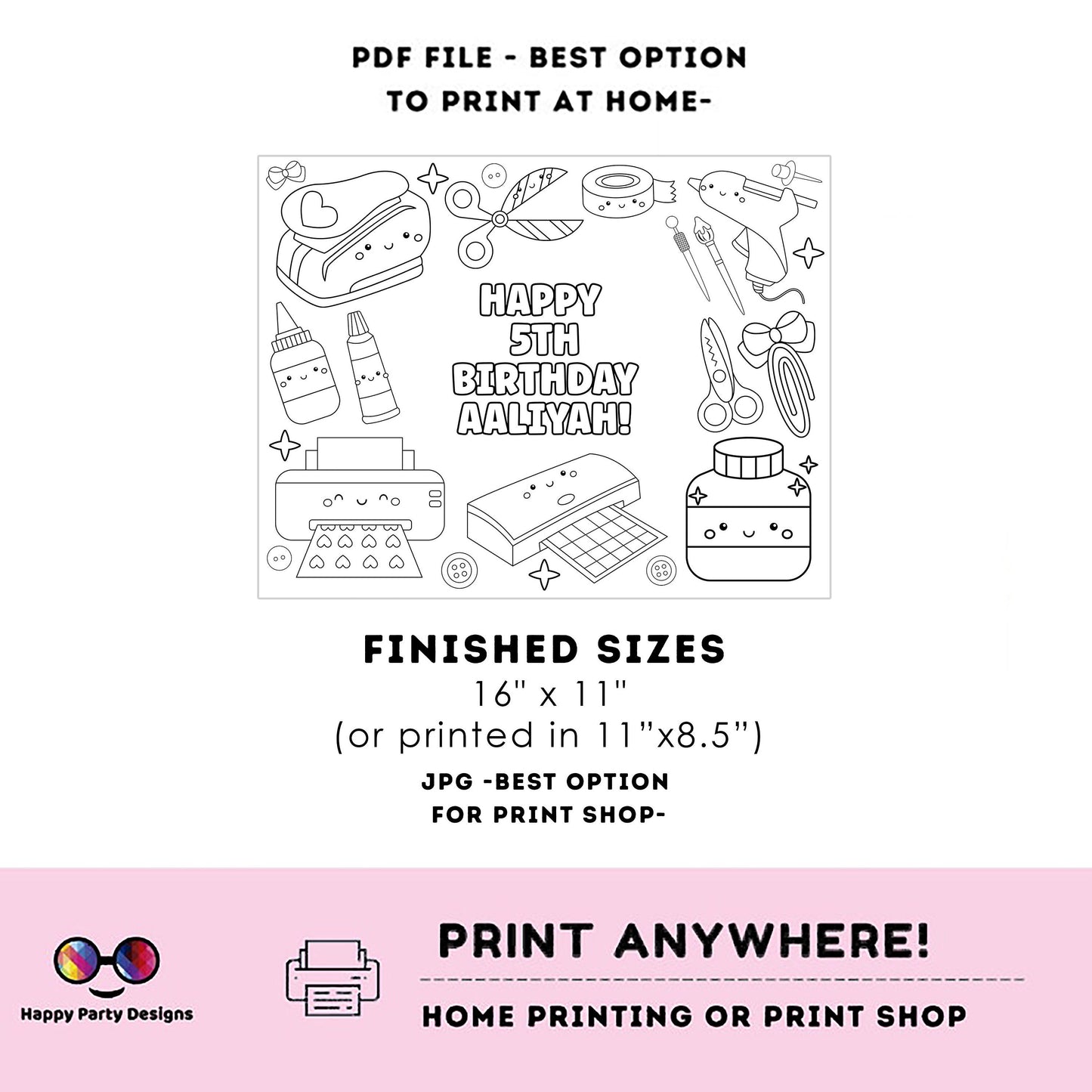 Editable Crafts Birthday coloring page | Placemat coloring page | Any Age | Crafts birthday Party Activity | Crafty bag filler #K162